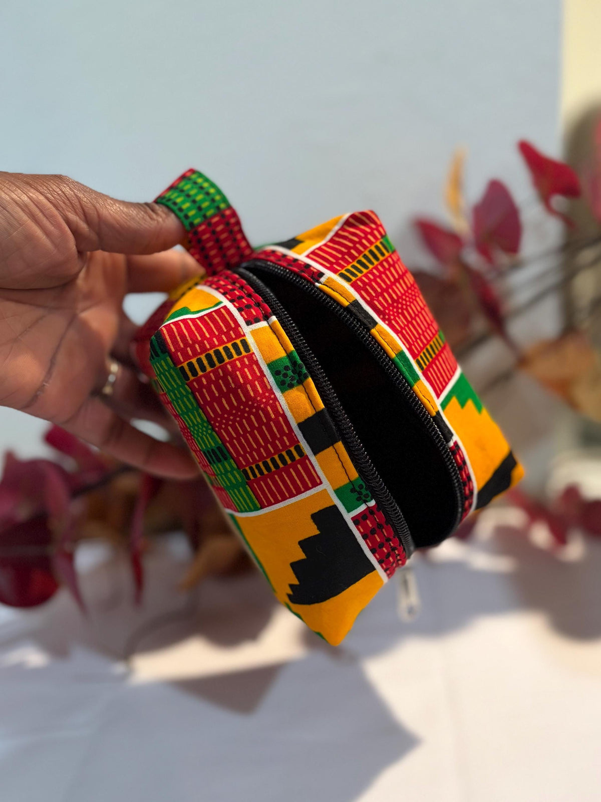 Personalized African print makeup bag gift, Ankara cosmetics storage bag, Colorful boxy zipper pouch