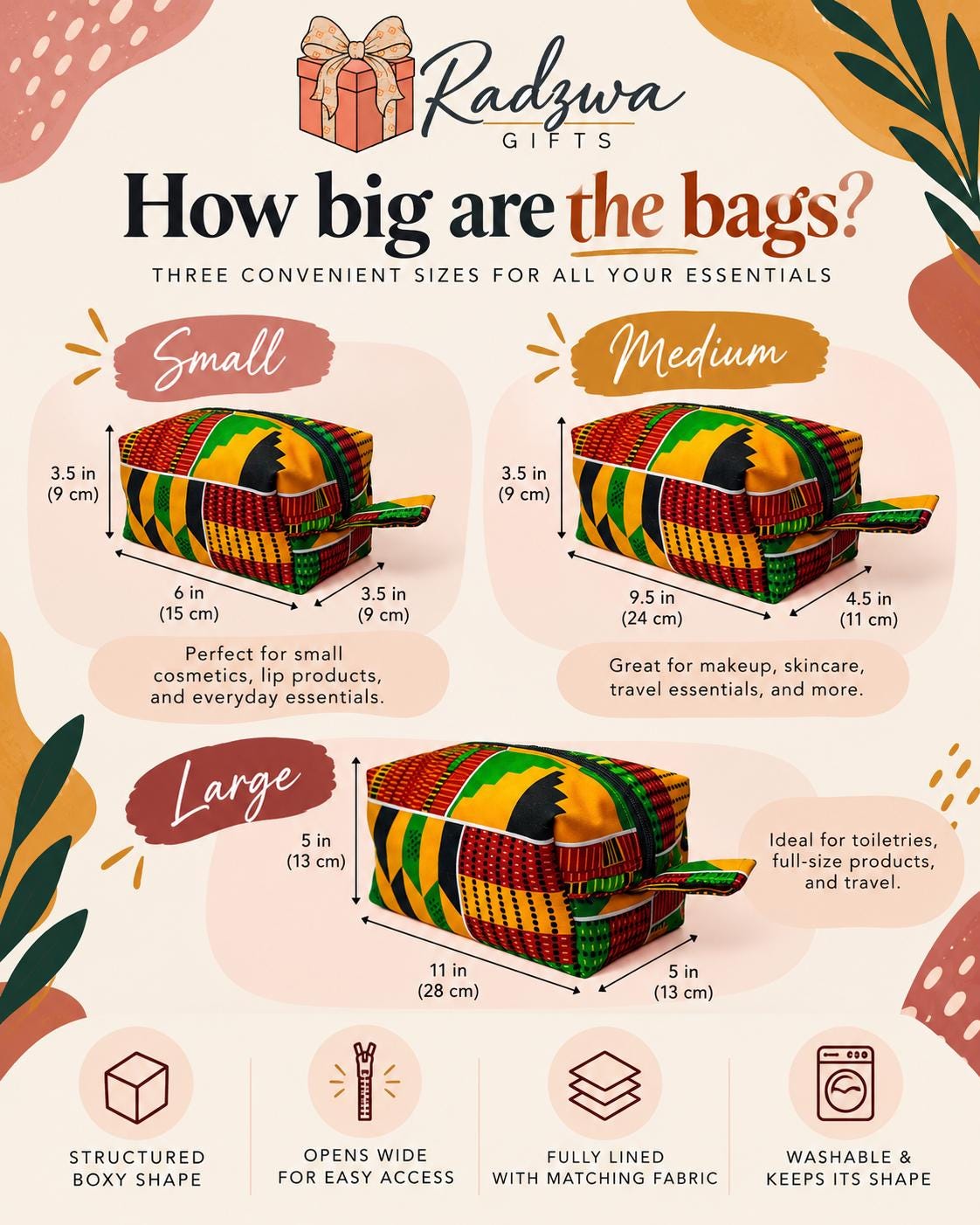 The image is an advertisement for Radzwa Gifts, showcasing three different bag sizes: Small, Medium, and Large. The ad provides a visual comparison of the bag sizes and their corresponding dimensions, along with descriptions of the bags' features and uses.