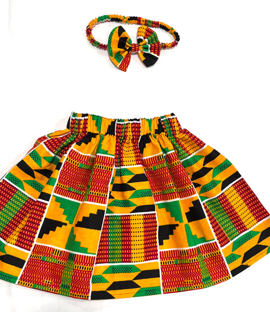 African print ankara skirt set with a personalized embroidered Afro puff t-shirt and matching headband