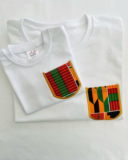 Adult unisex t-shirt with African print fabric on sleeves and pocket