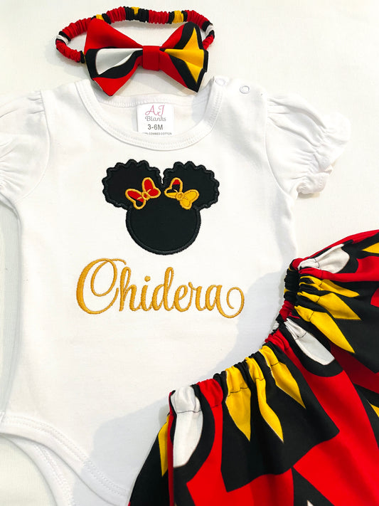 African print "samakaka" ankara skirt set with a personalized embroidered Afro puff t-shirt and matching headband