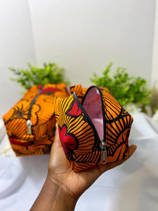 African print makeup bag gift, Ankara cosmetics storage bag, Colorful boxy zipper pouch