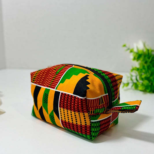 African print makeup bag gift, Ankara cosmetics storage bag, Colorful boxy zipper pouch