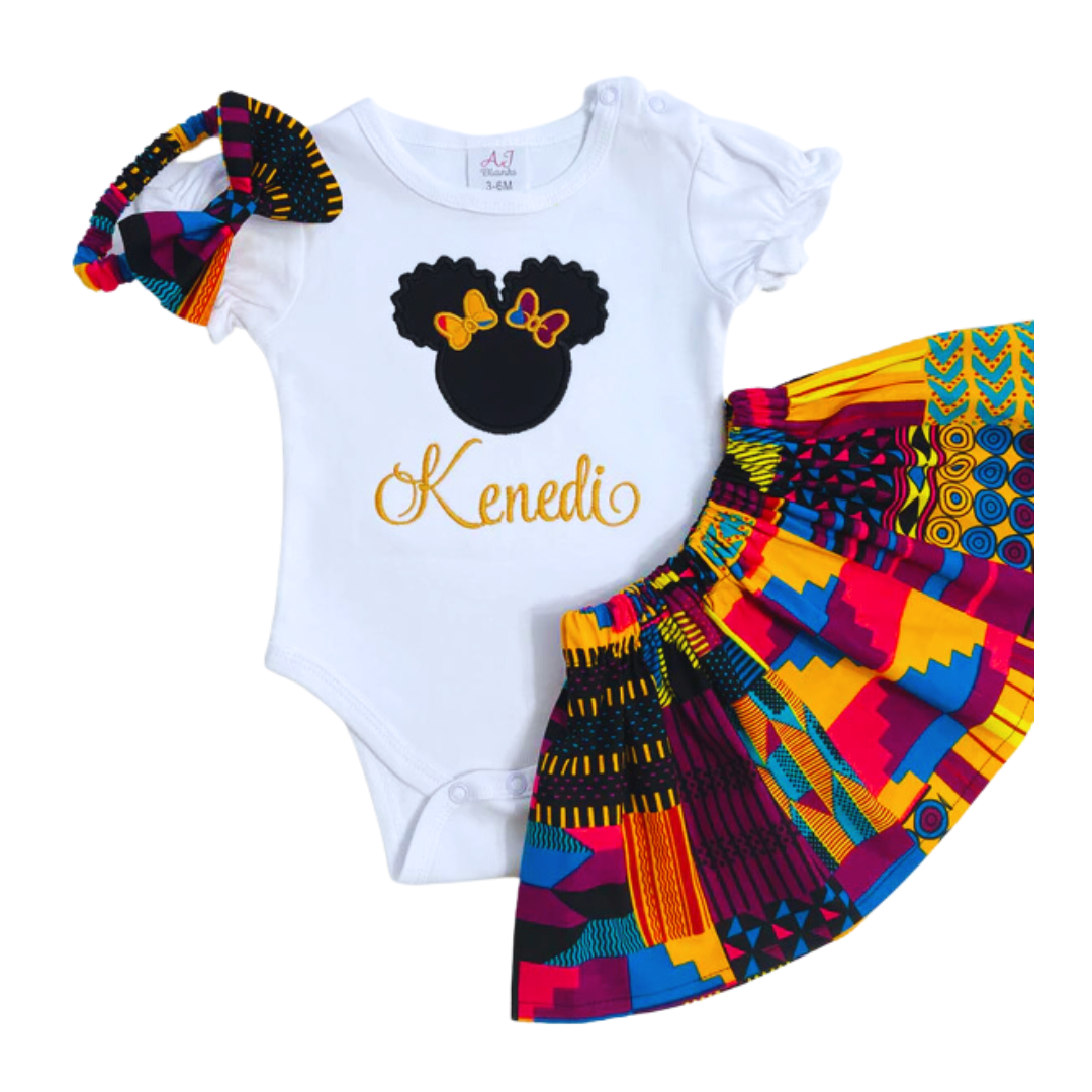 African print ankara skirt set with a personalized embroidered Afro puff t-shirt and matching headband