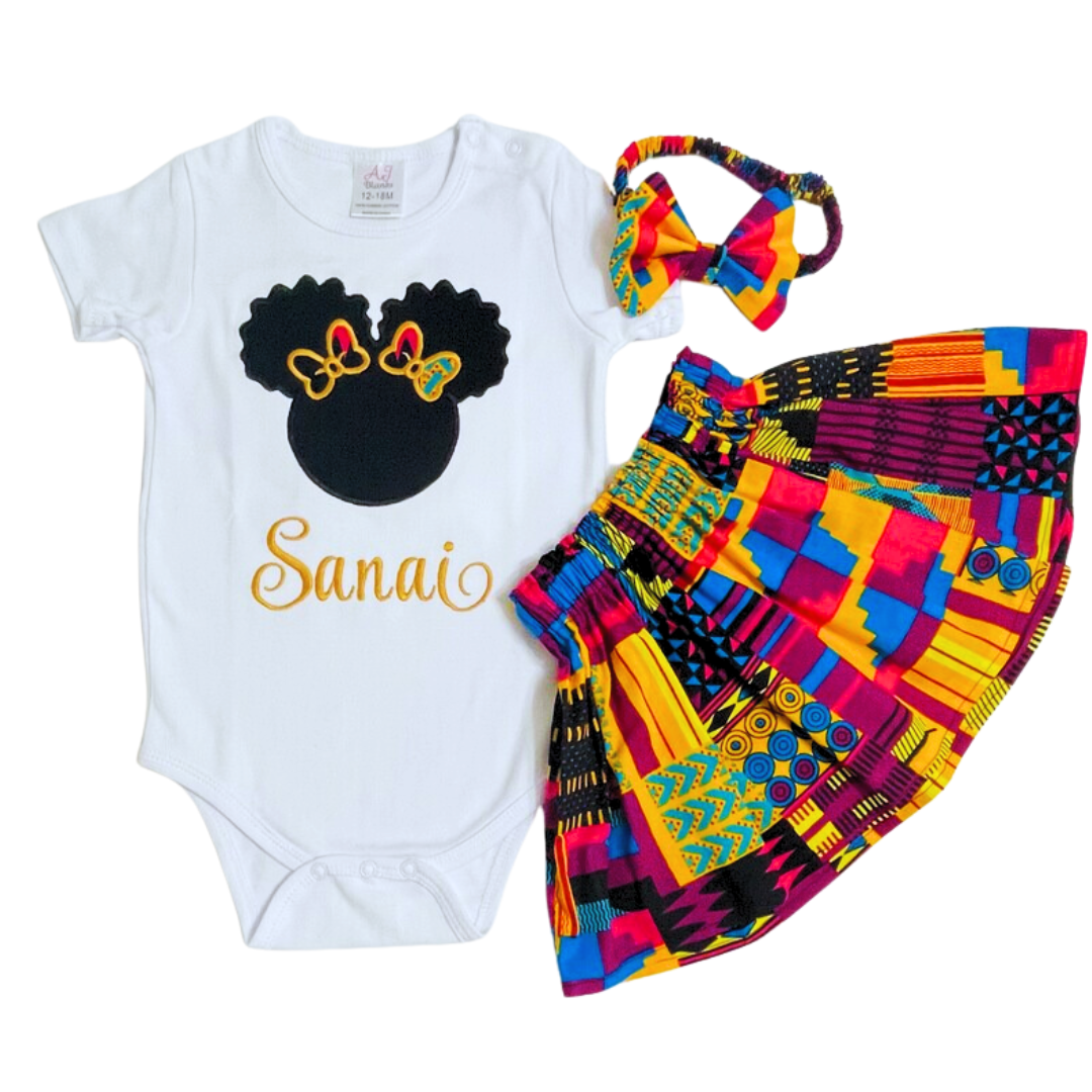 African print ankara skirt set with a personalized embroidered Afro puff t-shirt and matching headband