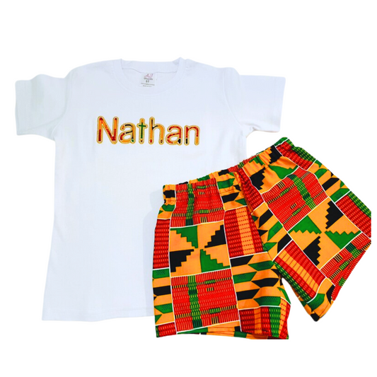 Personalized African print kente shorts outfit for boys