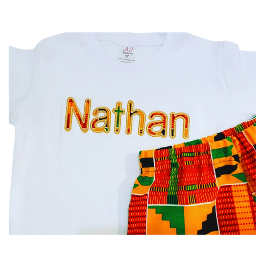 Personalized African print kente shorts outfit for boys