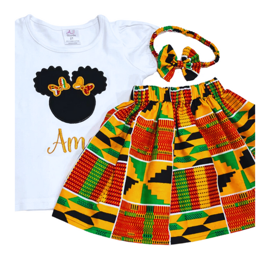 African print ankara skirt set with a personalized embroidered Afro puff t-shirt and matching headband