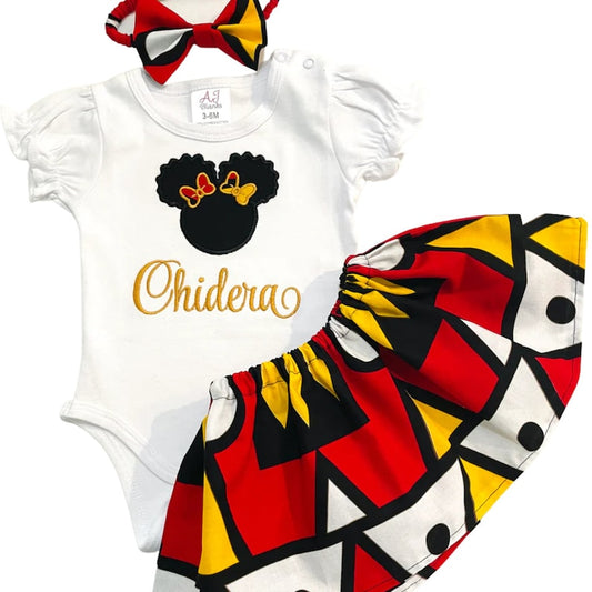 African print "samakaka" ankara skirt set with a personalized embroidered Afro puff t-shirt and matching headband
