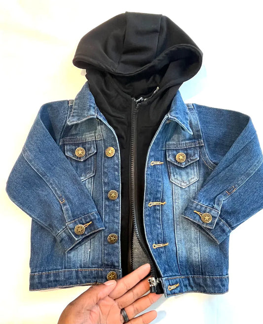 Hooded denim jacket with Ankara fabric