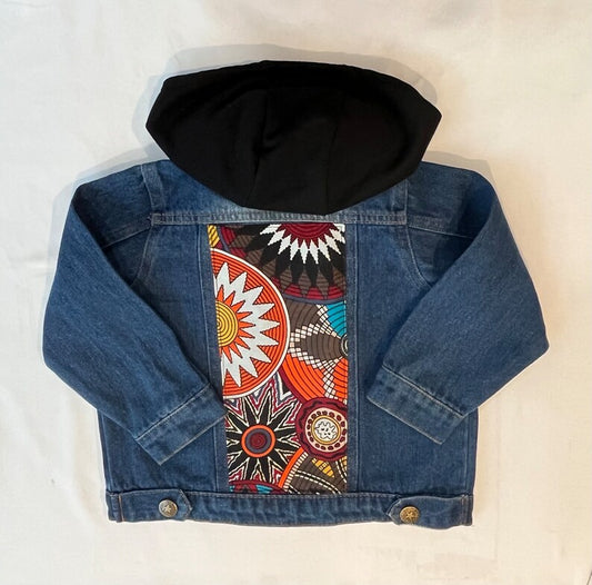 Hooded denim jacket with Ankara fabric