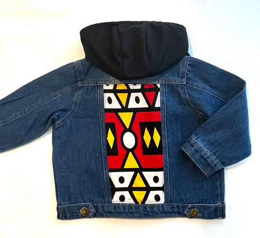 Hooded denim jacket with Ankara fabric