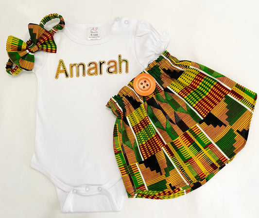 Kente baby skirt and personalized bodysuit, African print ankara skirt with name t-shirt