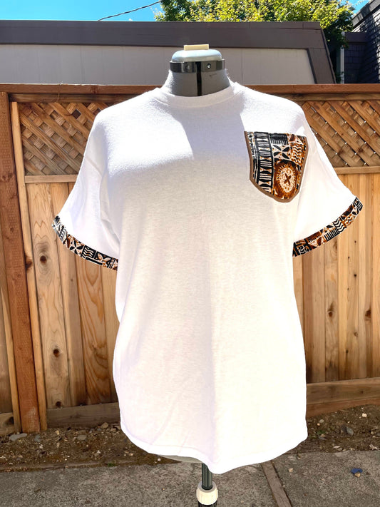 Adult unisex t-shirt with African print fabric on sleeves and pocket